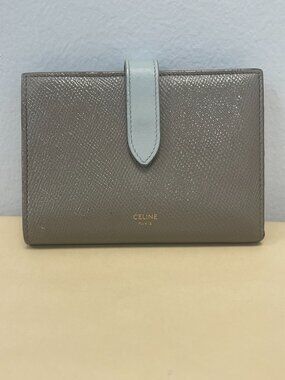 Celine Leather Medium Strap Wallet in Greige and Blue - Preowned